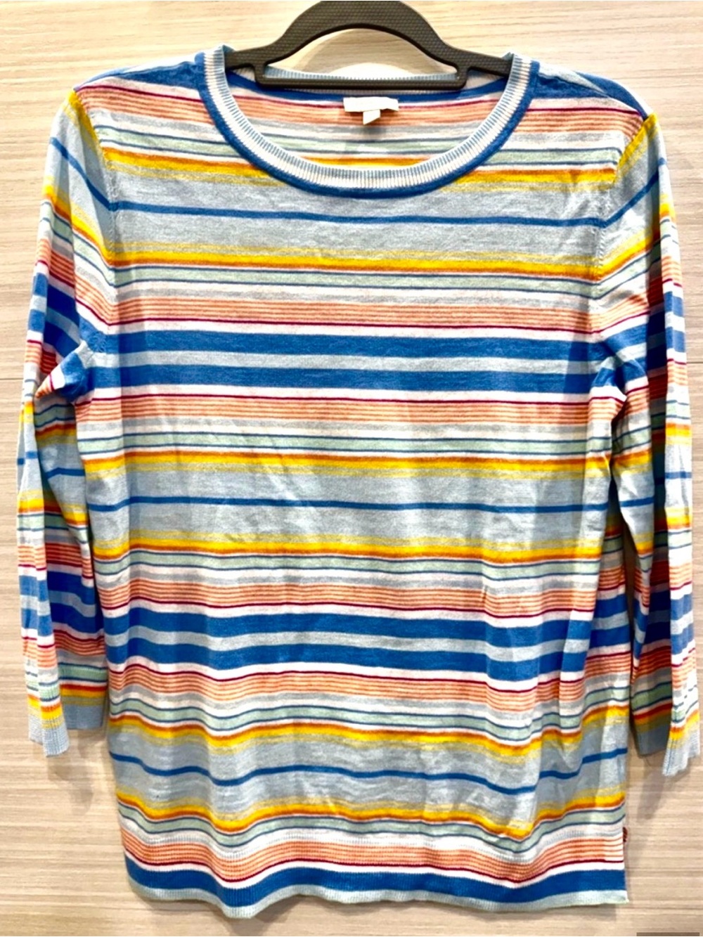 Talbots Multi-Stripe Crewneck Cotton Sweater - Blue Multi 3/4 Sleeve size Medium